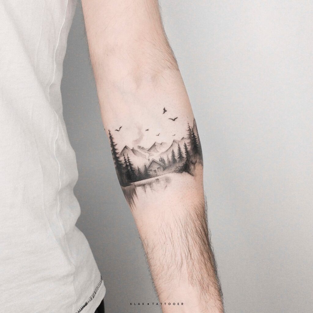 Mountain Cabin Nature Scene Tattoo Tattoo Design