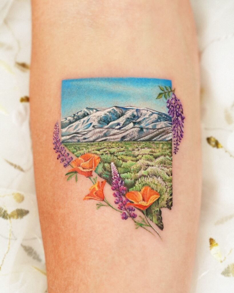 Mountain Landscape and Wildflower Nature Scene Tattoo Tattoo Design