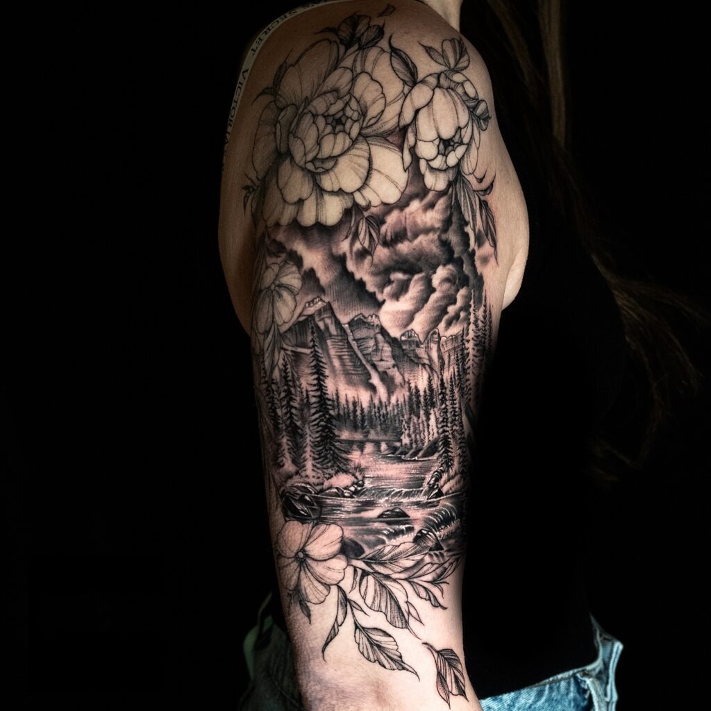 Mountain River and Floral Nature Scene Tattoo Tattoo Design