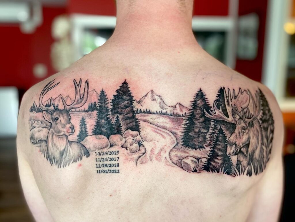 Mountain River and Wildlife Back Tattoo Tattoo Design