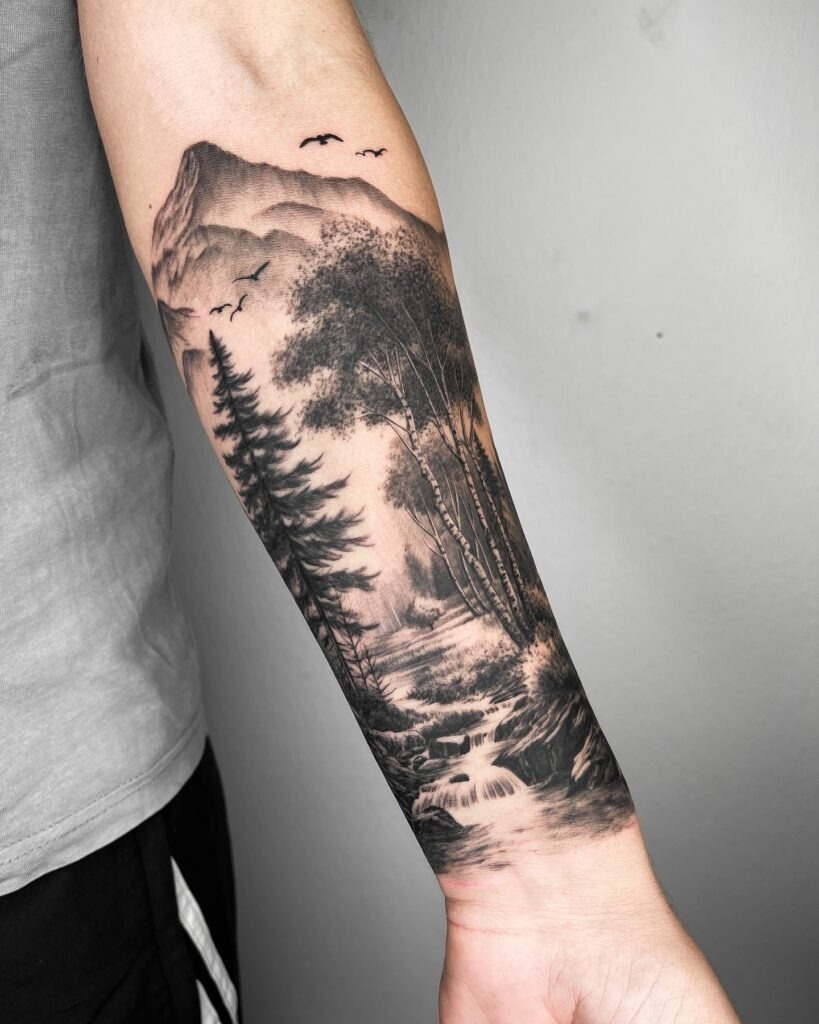 Mountain Stream Forest Nature Scene Tattoo Tattoo Design