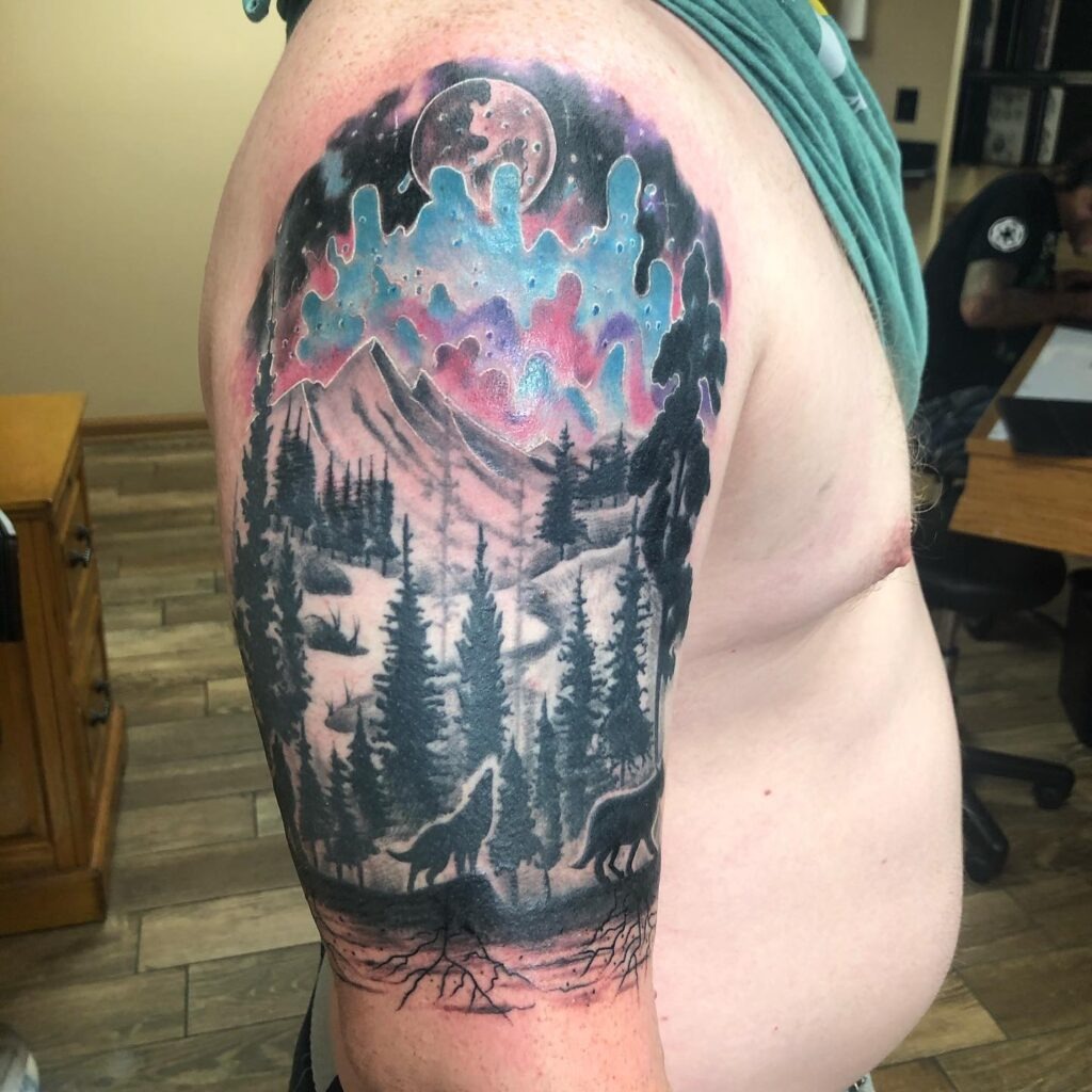 Northern Lights and Wolves Nature Tattoo Tattoo Design