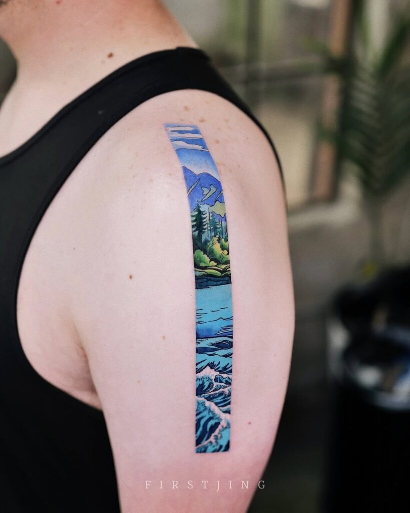 Ocean and Mountain Slice Nature Scene Tattoo Tattoo Design