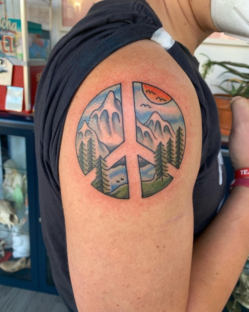 Peace Sign Mountain and Forest Nature Scene Tattoo Tattoo Design