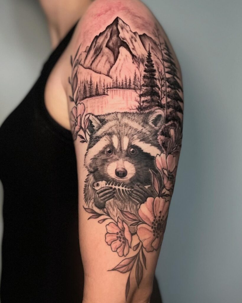 Raccoon and Mountain Nature Scene Tattoo Tattoo Design