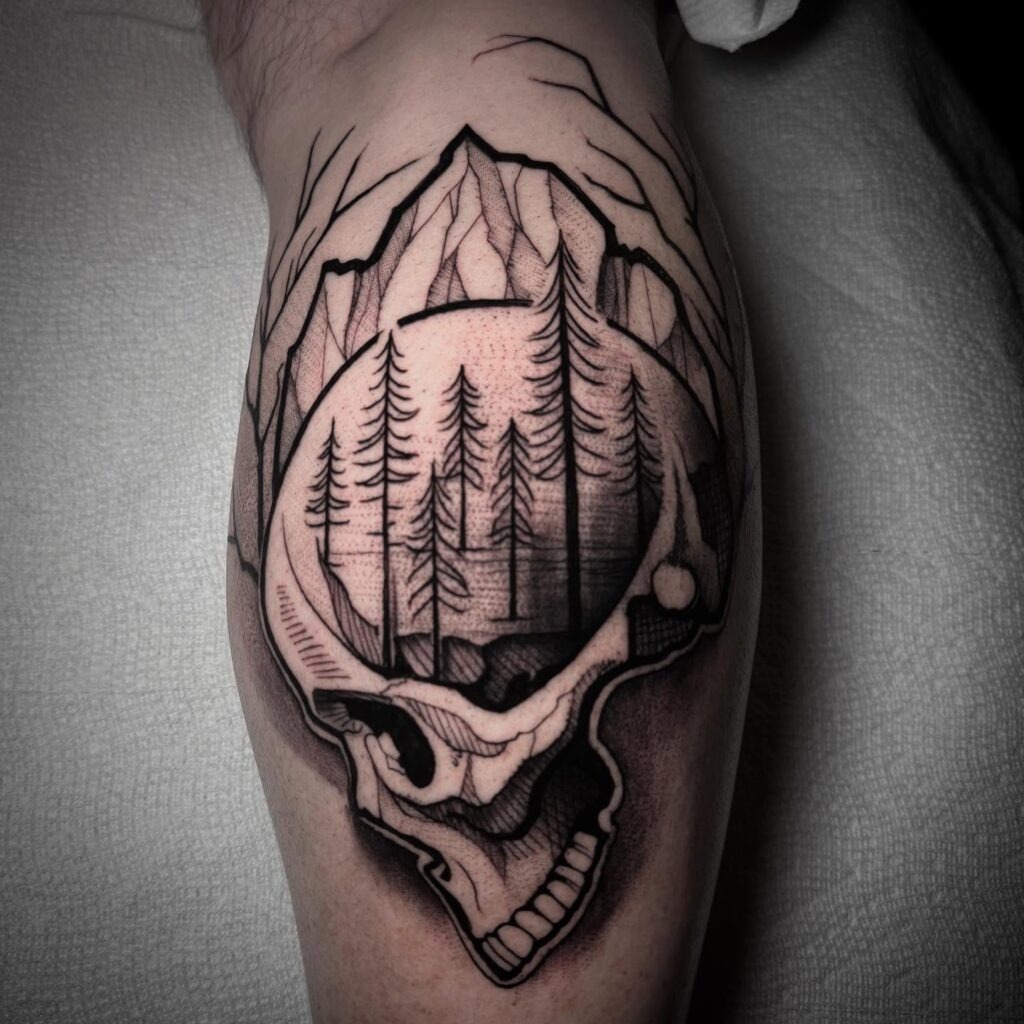 Skull and Mountain Forest Tattoo Tattoo Design