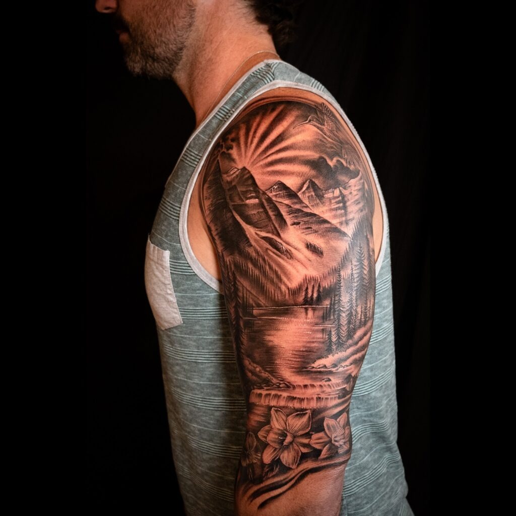 Sunrise Mountain and Lake Nature Scene Tattoo Sleeve Tattoo Design