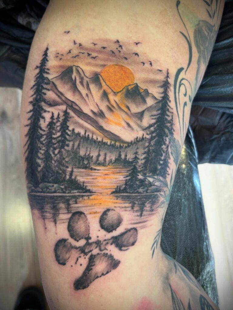Sunset Mountain and Dog Paw Nature Scene Tattoo Tattoo Design