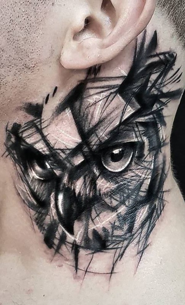 A Cubist Owl Sketch Neck Tattoo Tattoo Design