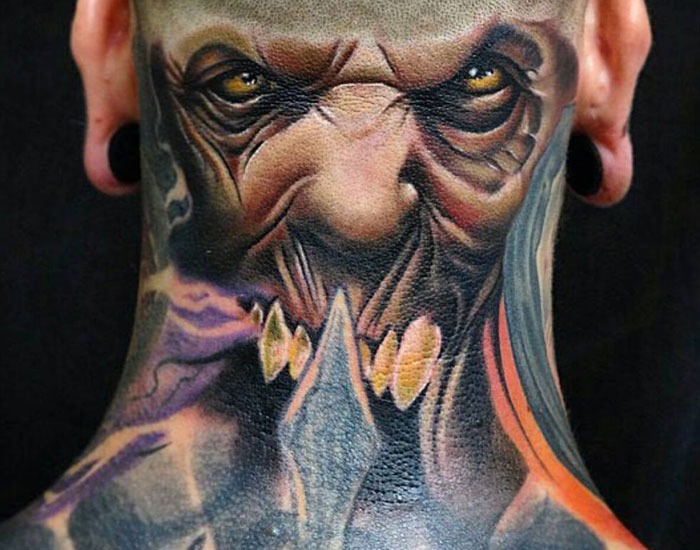 A Portrait Neck Tattoo That Will Give You Nightmares Tattoo Design