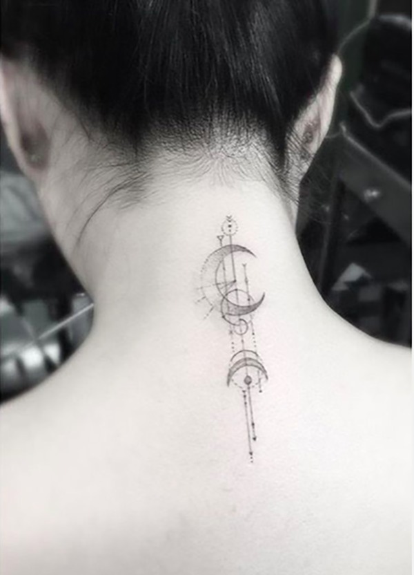 An Arcane Moon Meets Art Deco Beading on this Spider Neck Tattoo Tattoo Design