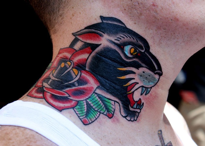 Black Panther and Red Rose Neck Tattoo Tattoo Design