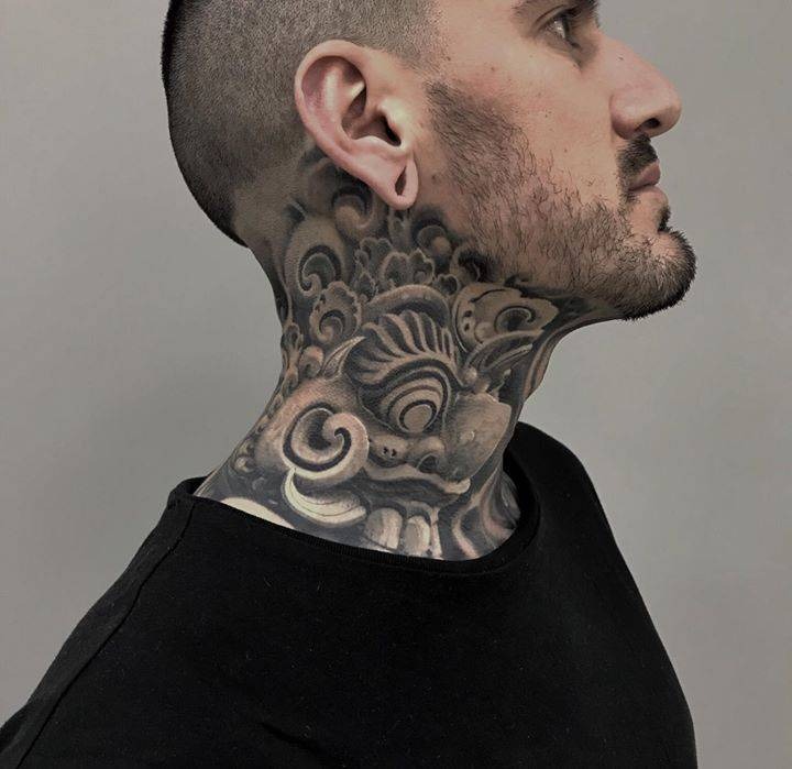 Dramatic Asian Scrollwork Dragon Neck Tattoo Tattoo Design