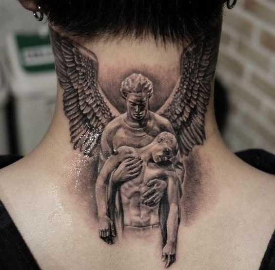 Realistic Guardian Angel Neck Tattoo Tattoo Design