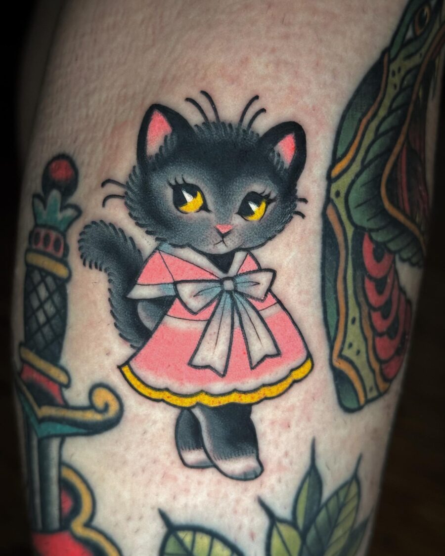 Adorable neo-traditional kitten in pink dress Tattoo Design