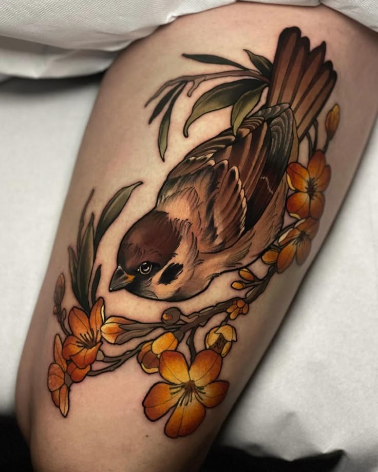Bird on a Blossom Branch: A Delicate and Poetic Masterpiece Tattoo Design