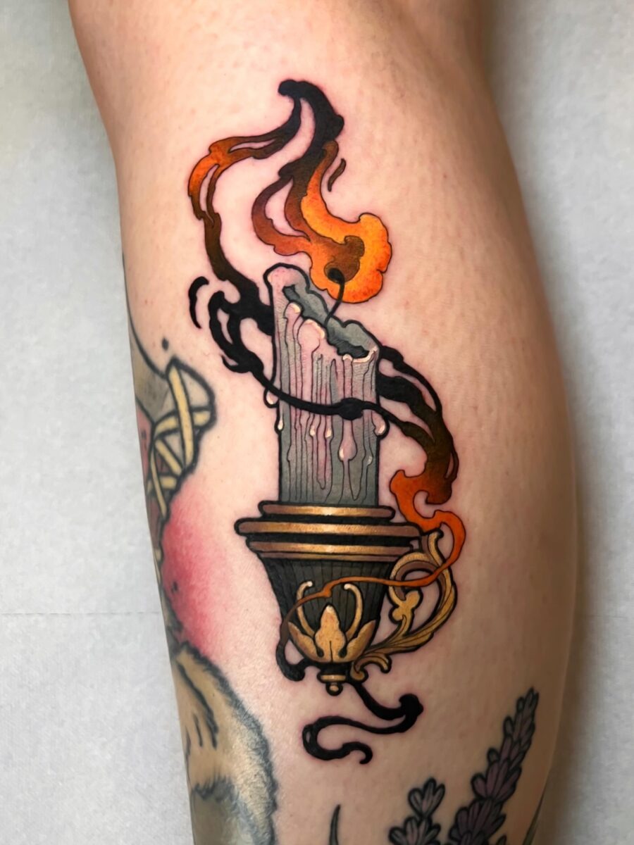 Bold candle tattoo with vibrant flame details Tattoo Design