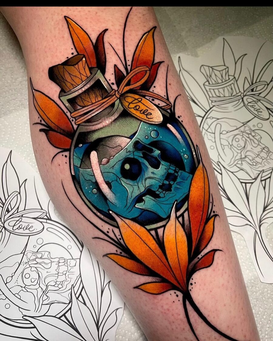 Captivating neo-traditional skull in potion design Tattoo Design