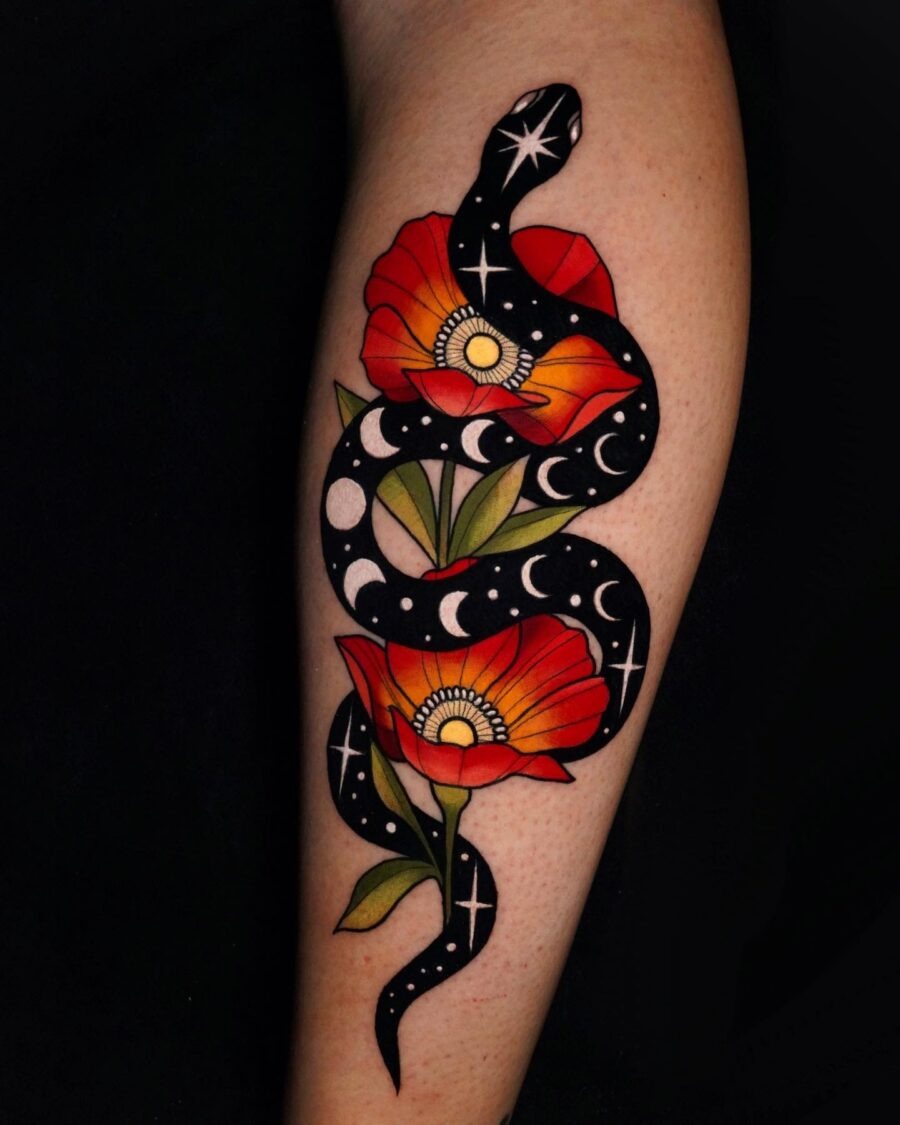 Colorful snake intertwined with vibrant flowers Tattoo Design