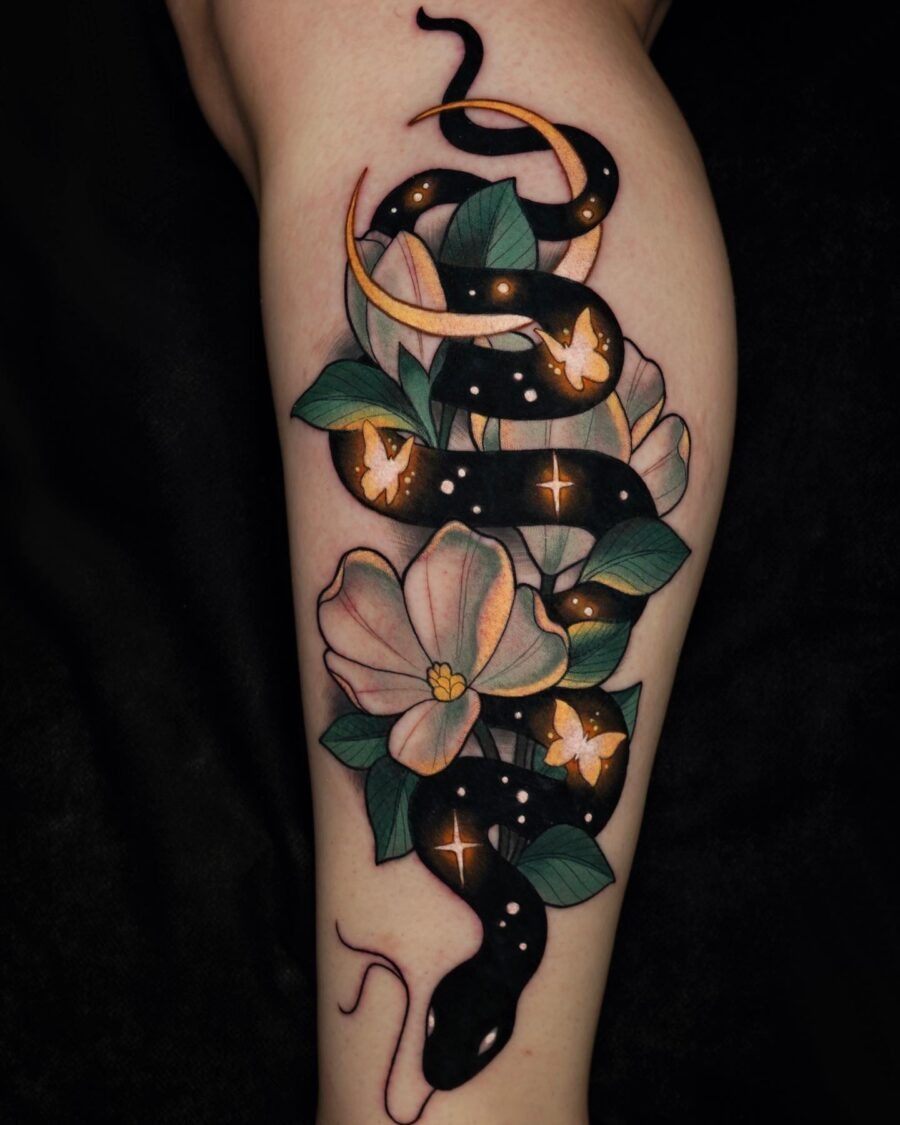Elegant Neo-Traditional Snake and Floral Tattoo Tattoo Design