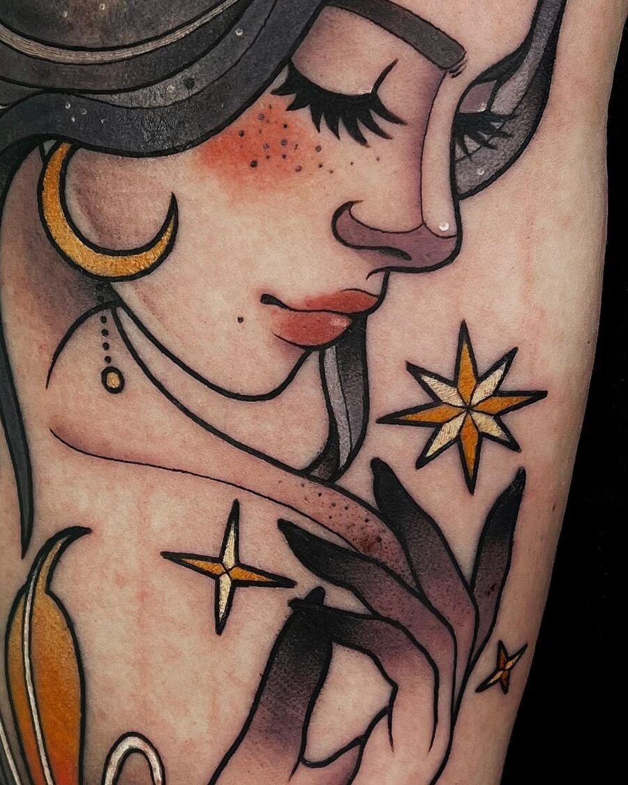 Elegant neo-traditional tattoo with celestial elements Tattoo Design