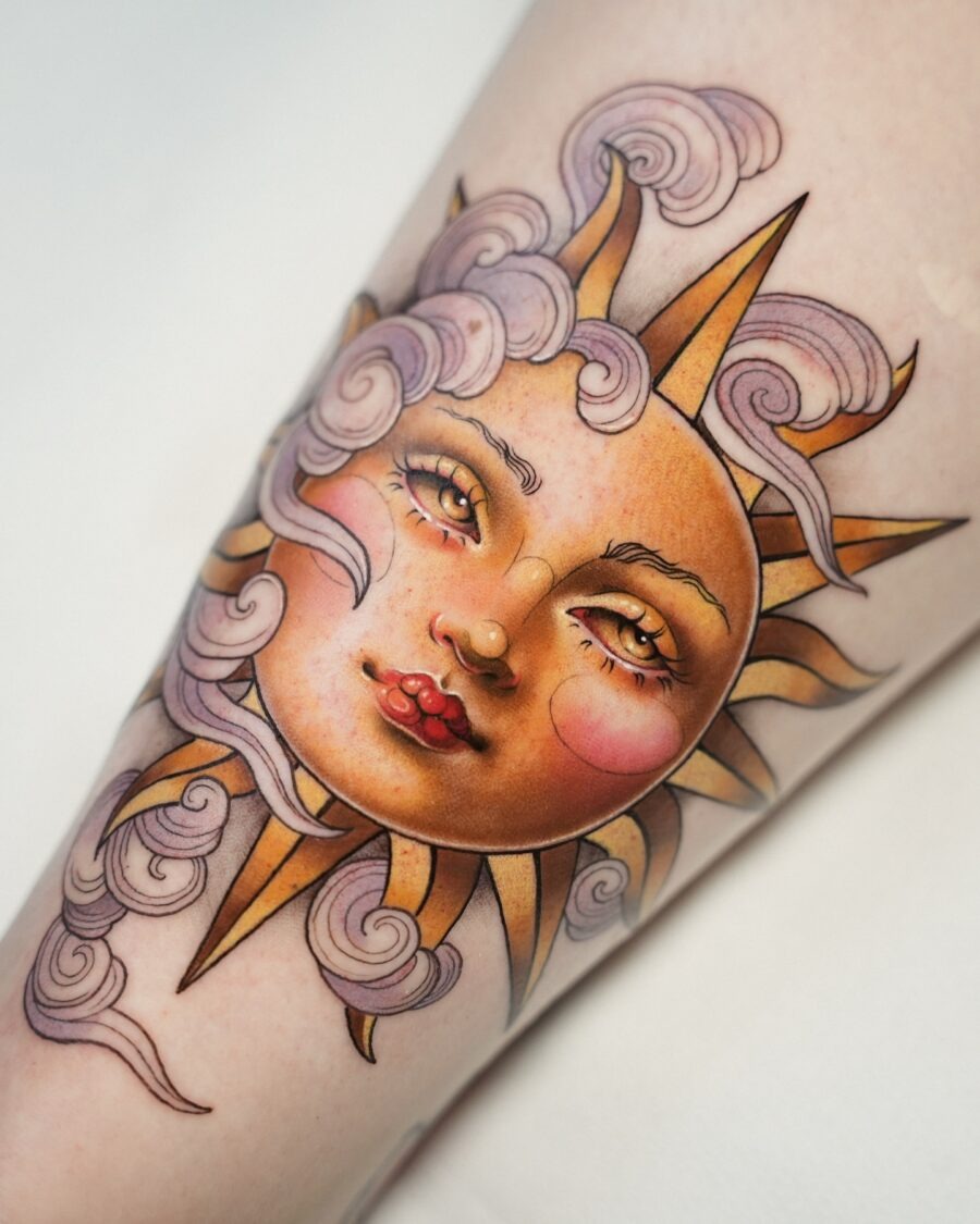 Neo Traditional Sun Face Tattoo Design Tattoo Design