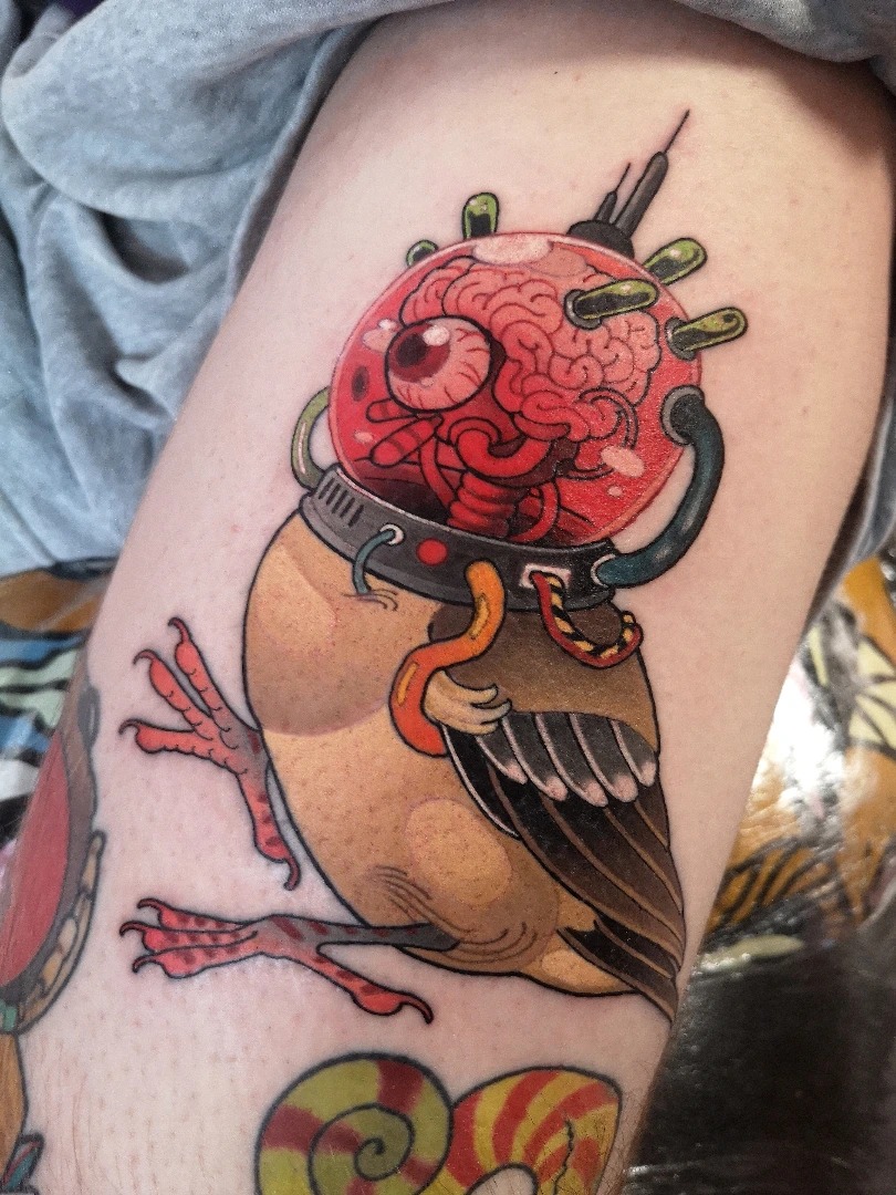 Quirky bird with a brain in a helmet Tattoo Design