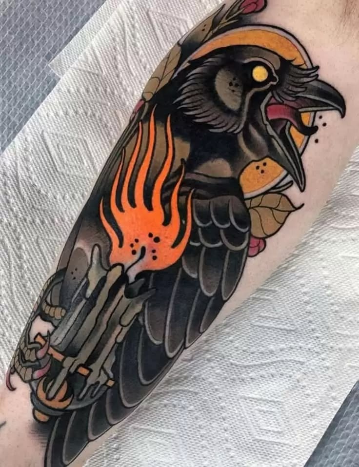 Raven and Candle: Gothic Charm Meets Neo-Traditional Aesthetics Tattoo Design