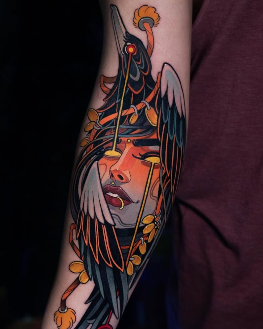 Striking neo-traditional female portrait tattoo design Tattoo Design