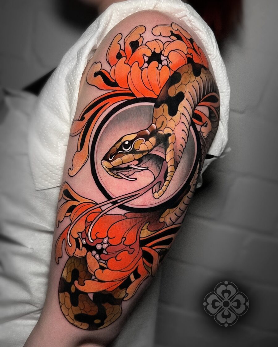 Striking neo-traditional snake and floral tattoo Tattoo Design