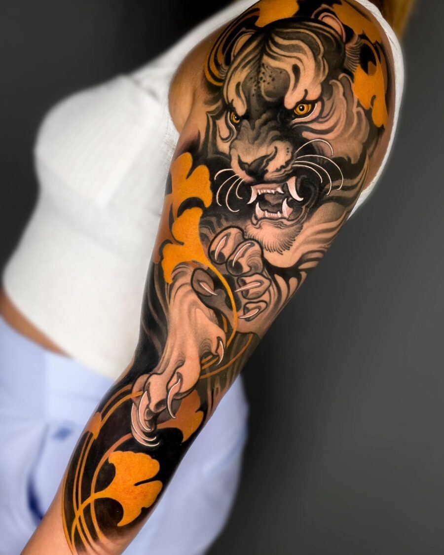 Striking neo-traditional tiger arm tattoo design Tattoo Design