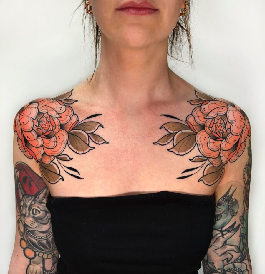 Stunning Neo-Traditional Floral Shoulder Tattoos Tattoo Design