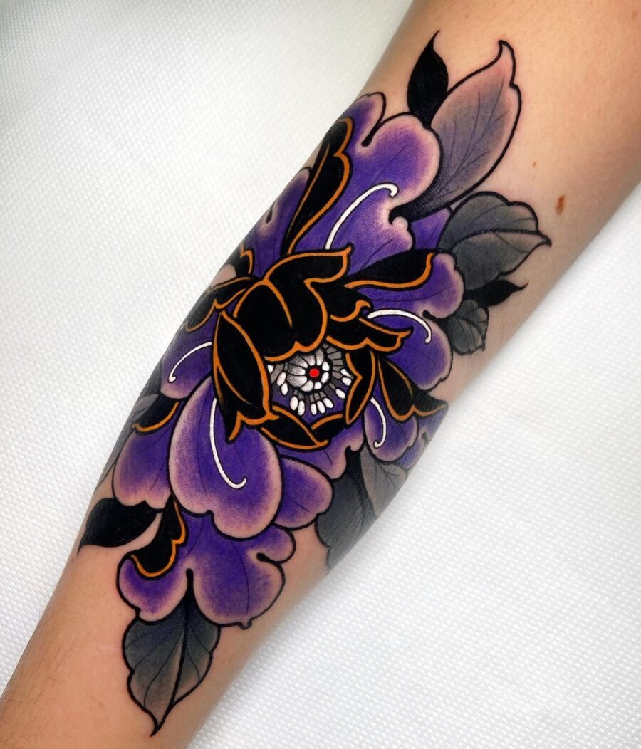 Stunning peony tattoo with vibrant purple hues Tattoo Design