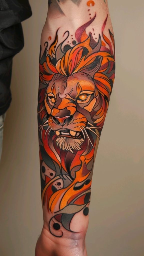 The Fiery Lion: Neo-Traditional Majesty Tattoo Design