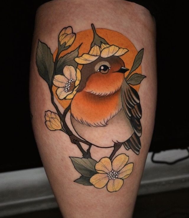The Robin and Floral Harmony: A Soft and Feminine Tattoo Tattoo Design