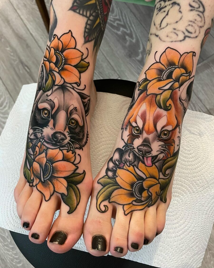 Vibrant Neo-Traditional Animal Tattoos with Flowers Tattoo Design