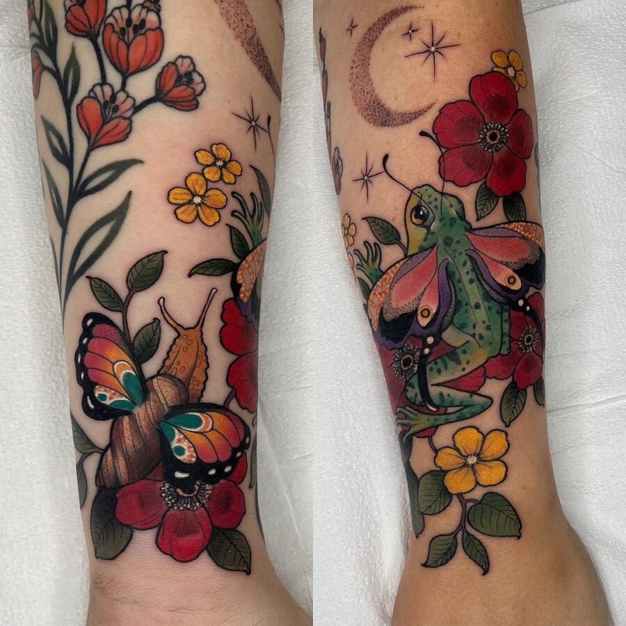 Vibrant neo-traditional flora and fauna tattoo design Tattoo Design