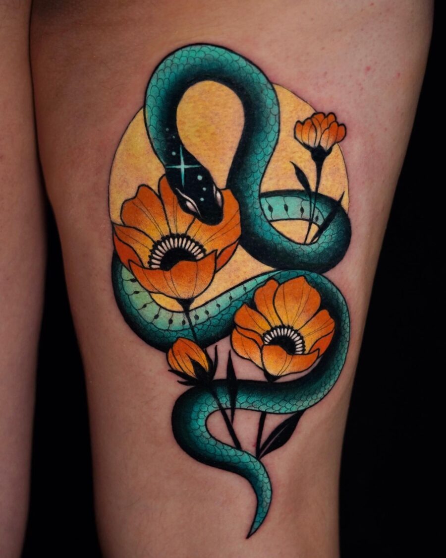 Vibrant Neo-Traditional Snake and Floral Design Tattoo Design