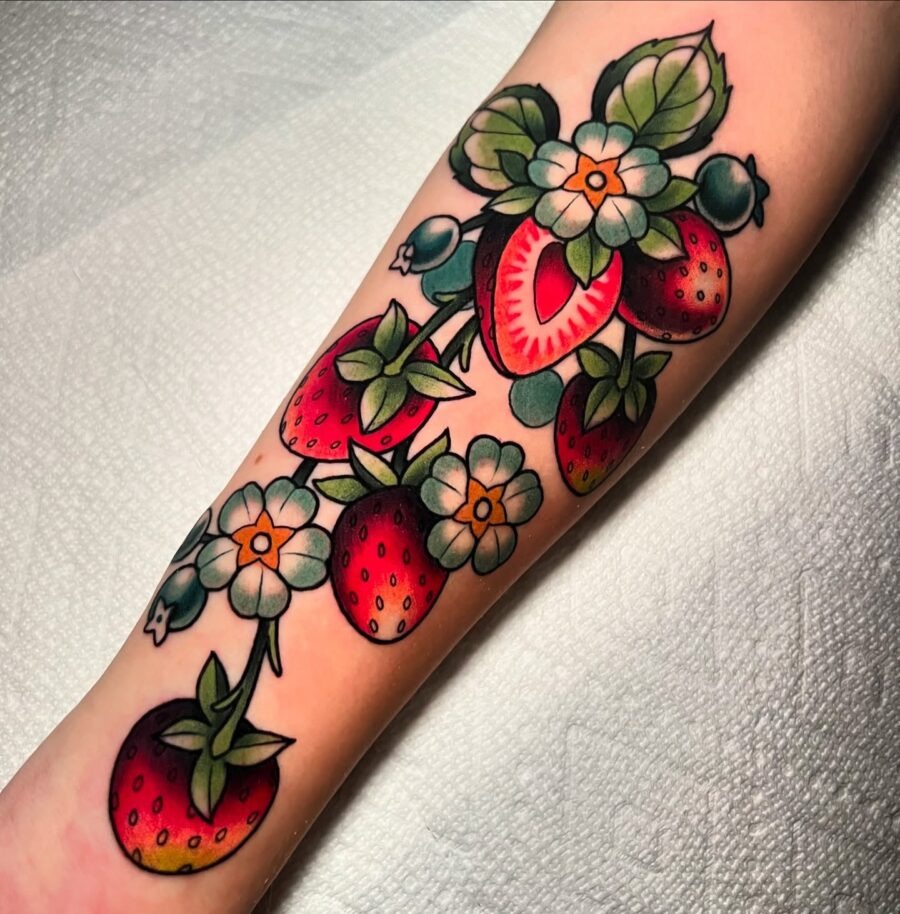 Vibrant neo traditional strawberry and flower design Tattoo Design