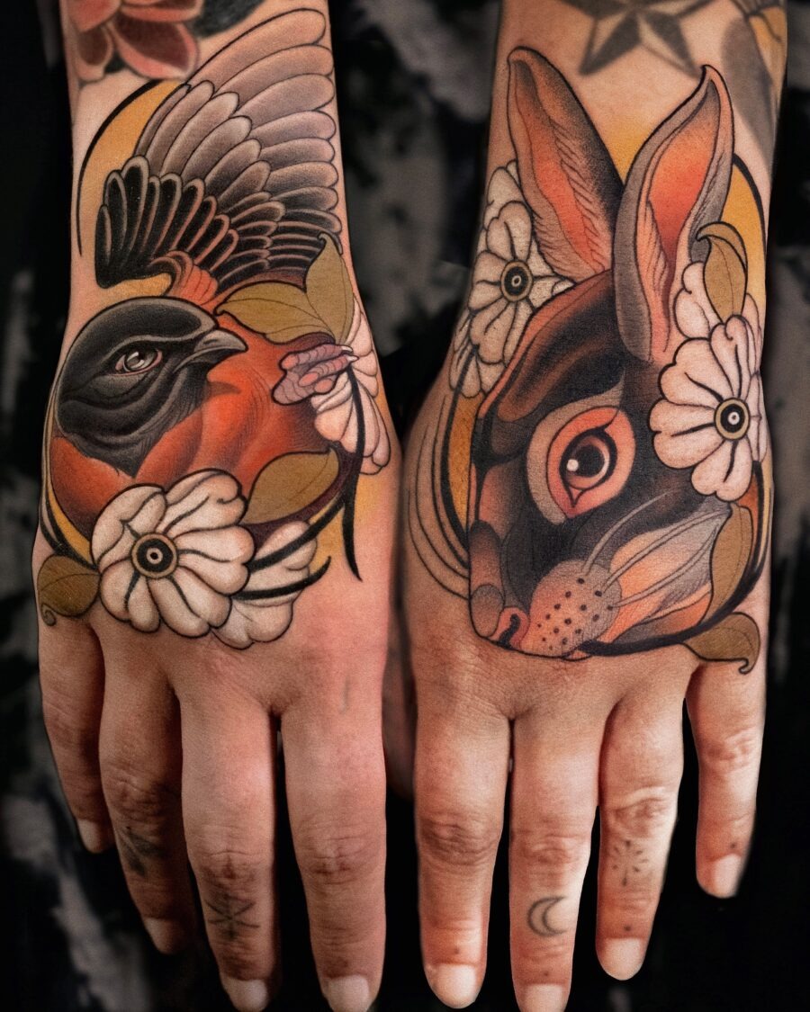 Vibrant neo-traditional tattoo featuring a bird and rabbit Tattoo Design