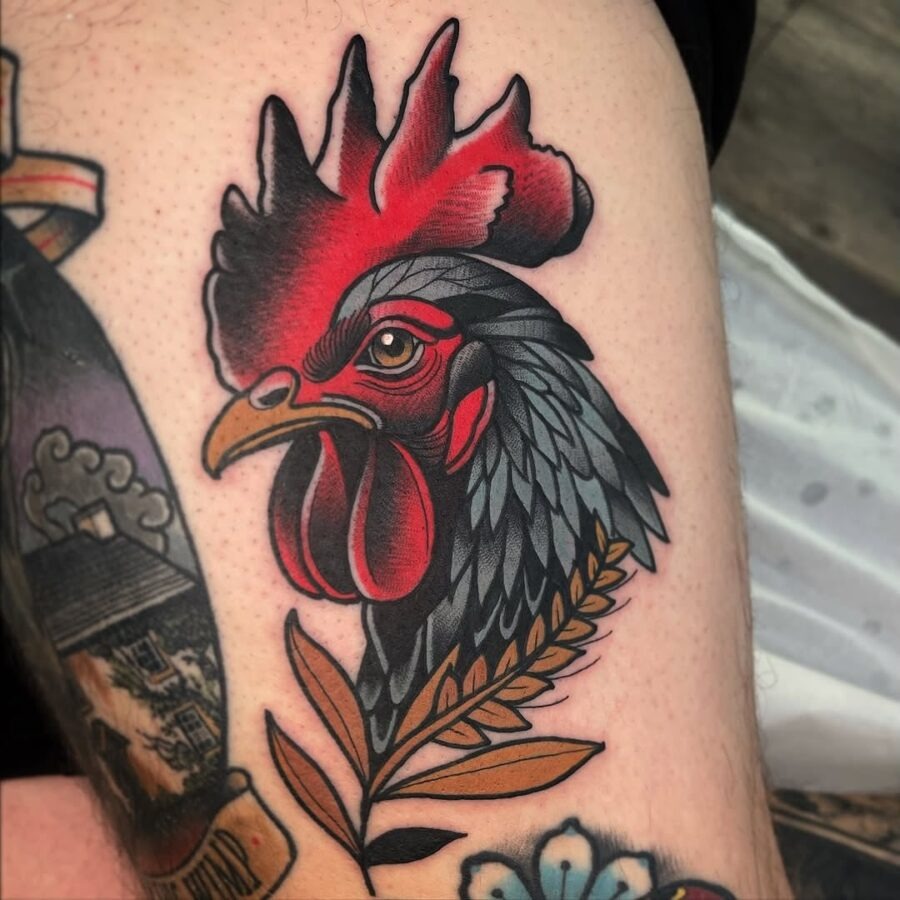Vibrant rooster design showcasing bold traditional elements Tattoo Design
