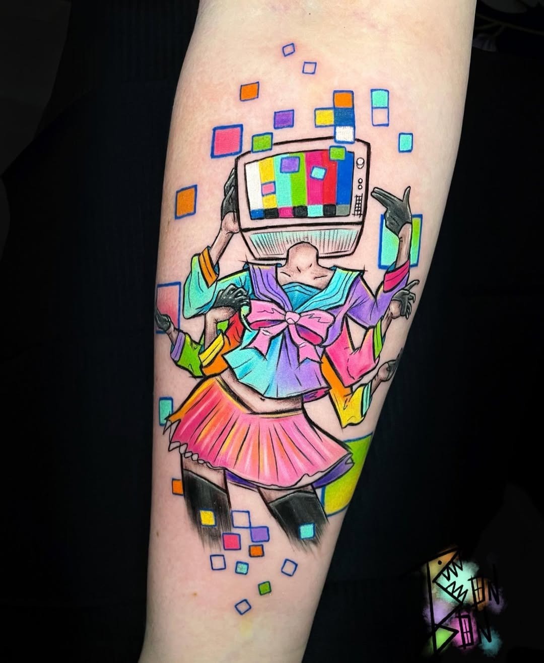 Bold Neon Tattoo of a Headless Figure Tattoo Design