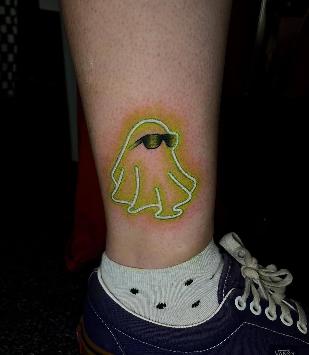 Charming neon ghost tattoo with sunglasses Tattoo Design