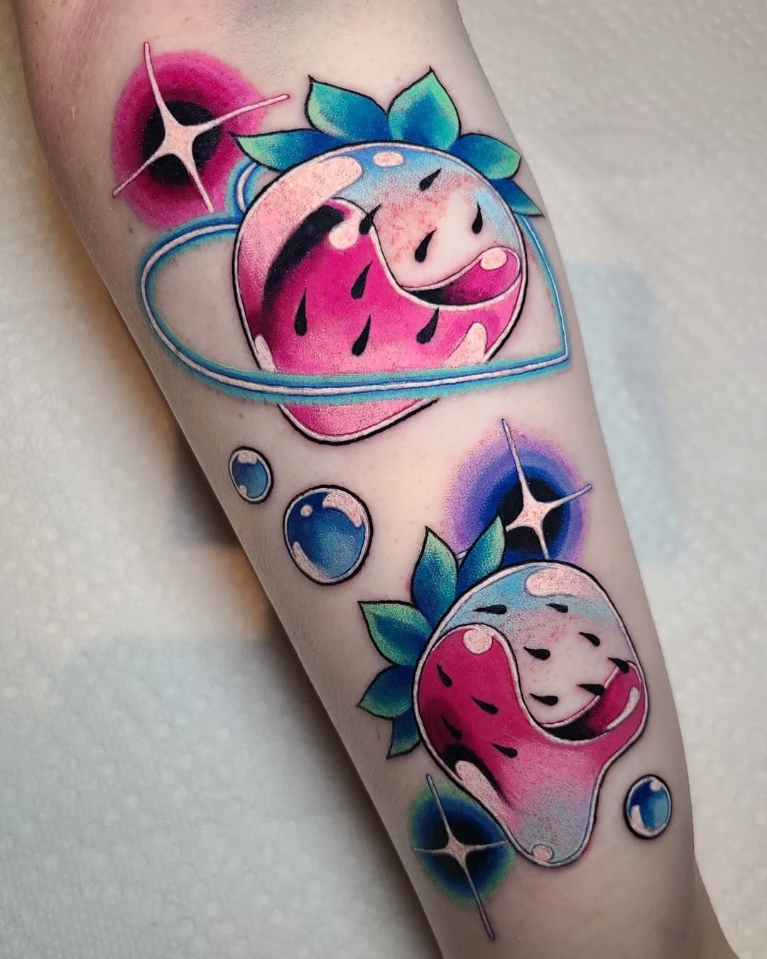 Colorful Neon Strawberry Tattoo with Fun Elements Tattoo Design
