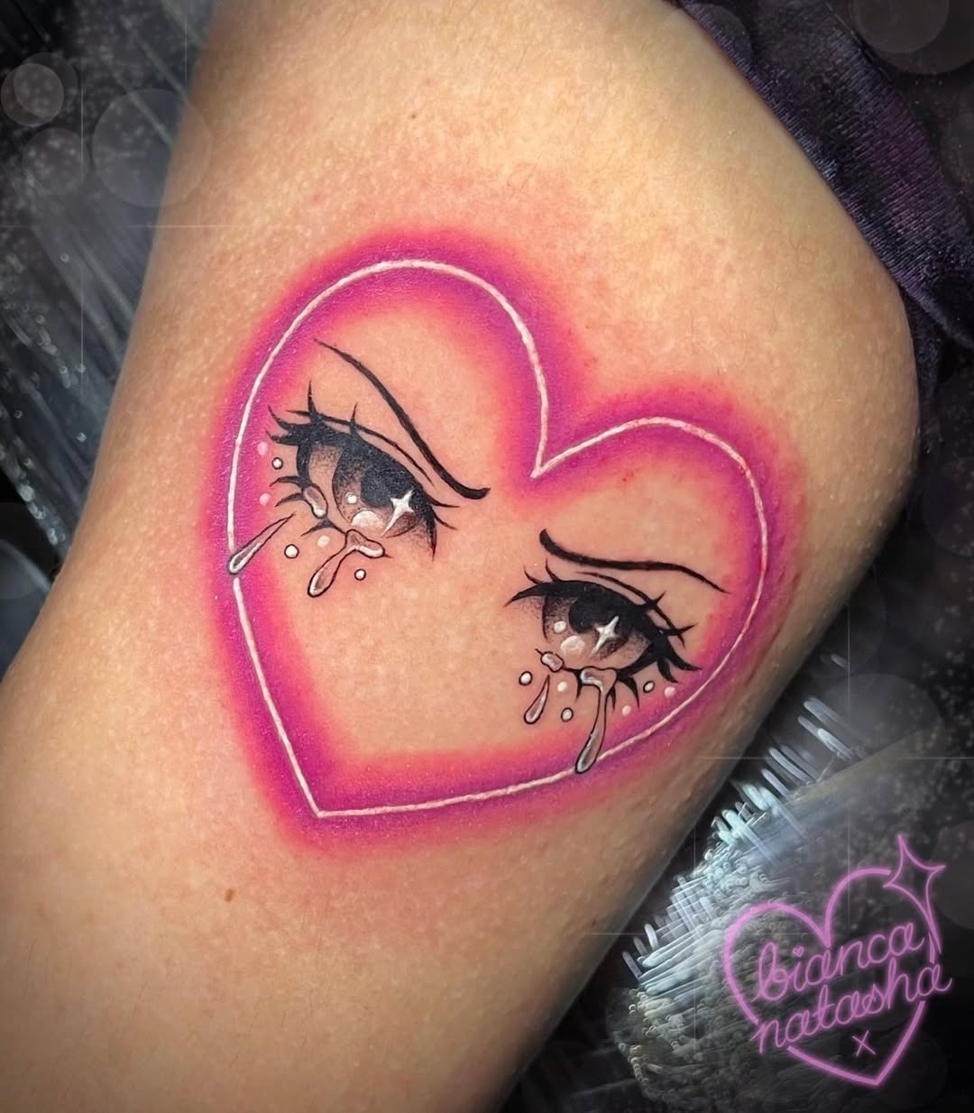 Emotional neon heart tattoo design with tears Tattoo Design