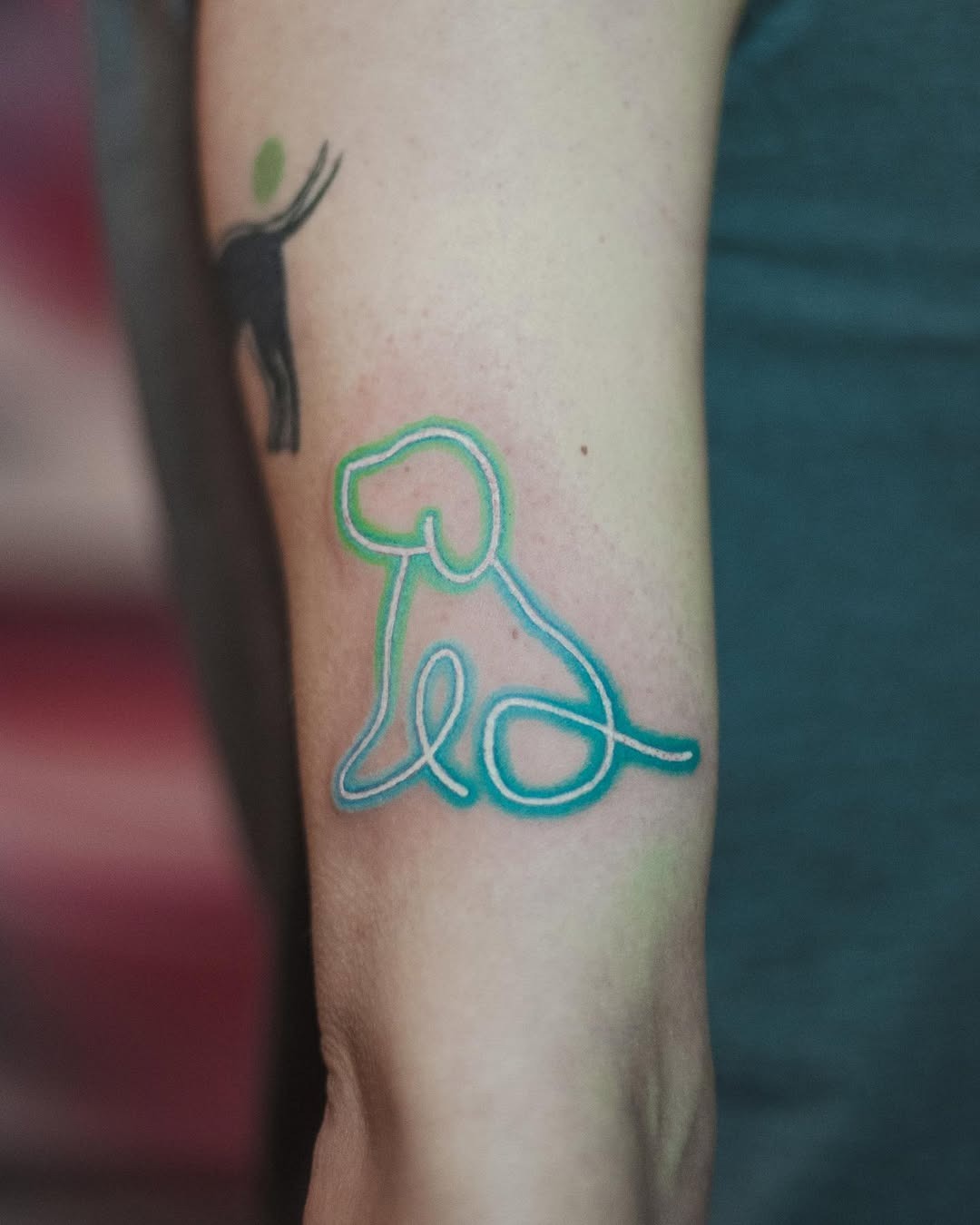 Playful neon dog tattoo design with lines Tattoo Design