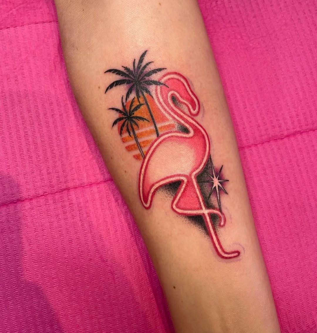 Vibrant Flamingo Neon Tattoo with Tropical Vibes Tattoo Design
