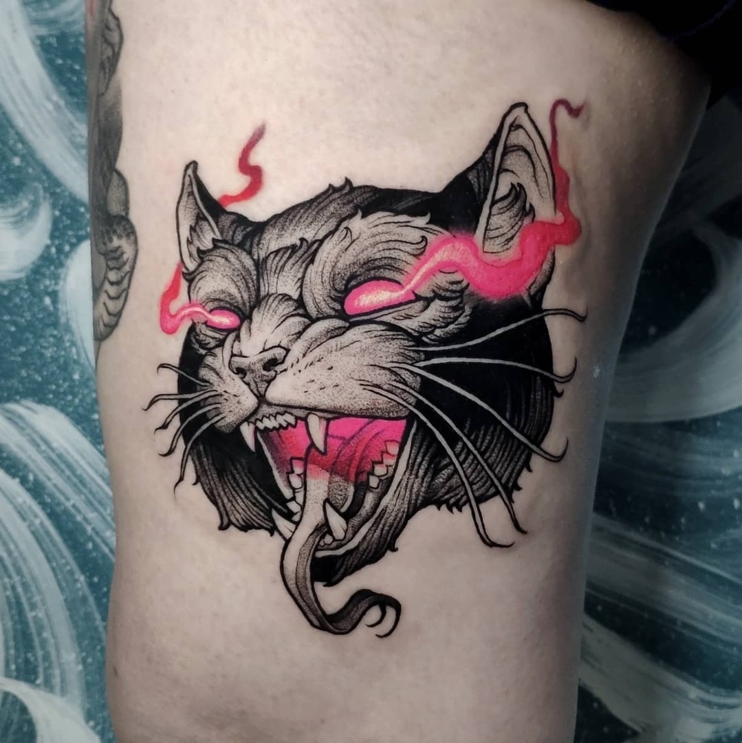 Vibrant neon cat tattoo with fierce expression Tattoo Design