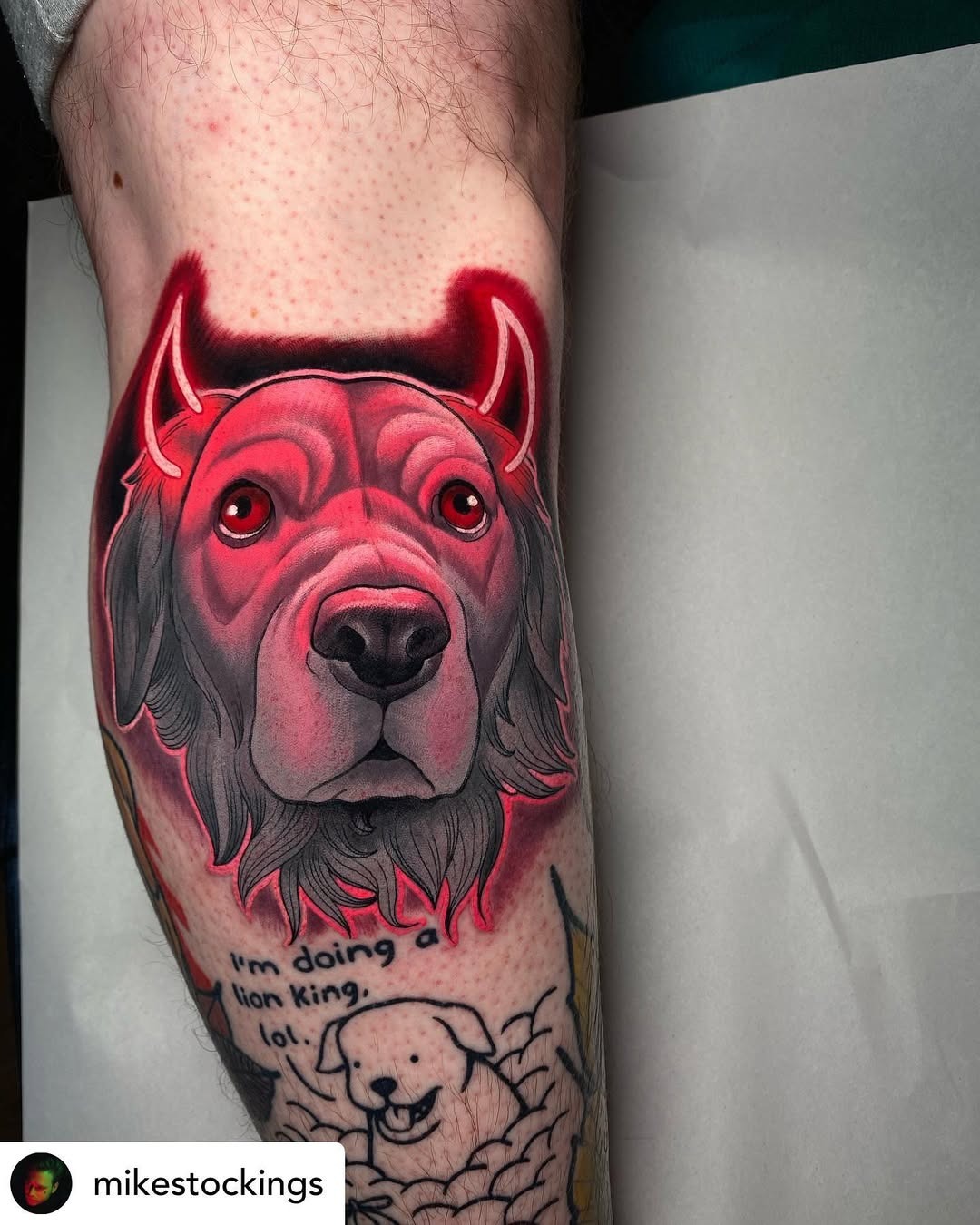 Vibrant neon dog tattoo with playful elements Tattoo Design