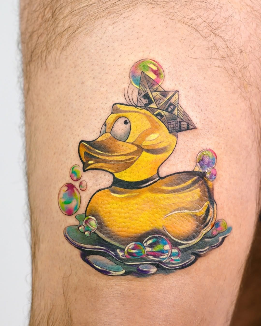 Vibrant Neon Duck Tattoo with Bubbles Tattoo Design